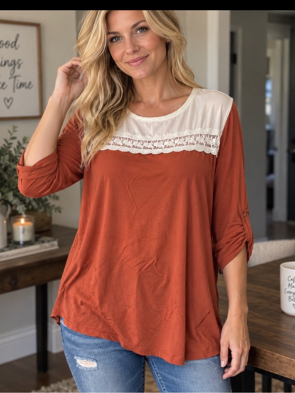 Lace Yoke Rust Roll-Sleeve Tunic